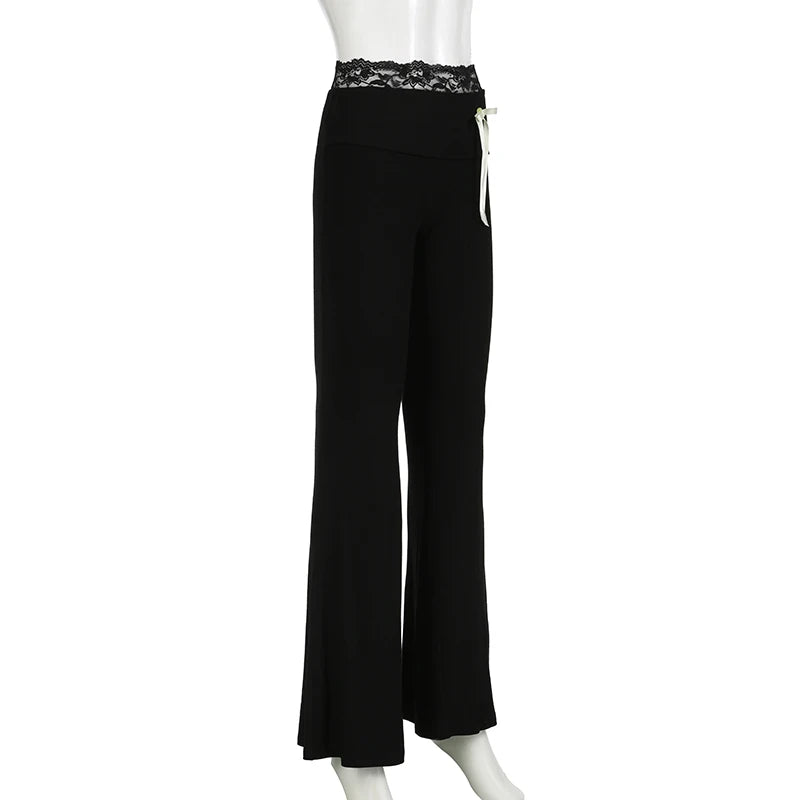 Cuteandpsycho Lace Patchwork Bow Straight Pants Y2K Fashion Aesthetic Cute Trousers Harajuku Streetwear Joggers 2000s Bottoms