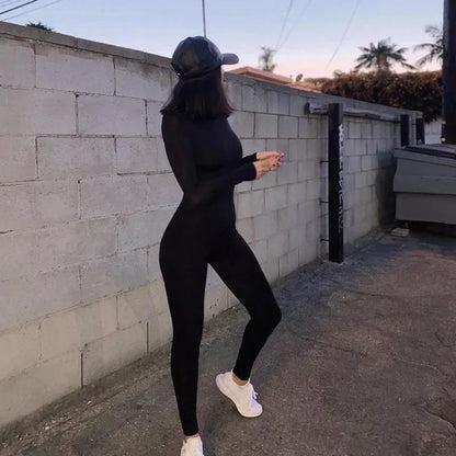 solid black/gray long sleeve skiing jumpsuit women elastic hight outfit fashion fitness sportwear slim rompers streetwear Badiee Stylez
