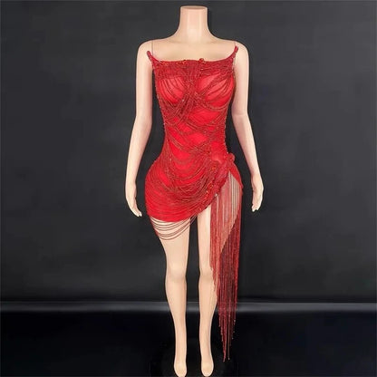 STOCK Sparkly Rhinestone Fringe Dress Women Sexy Birthday Wedding Party Prom Drag Queen Costume Outfit Stage Wear Festival Red