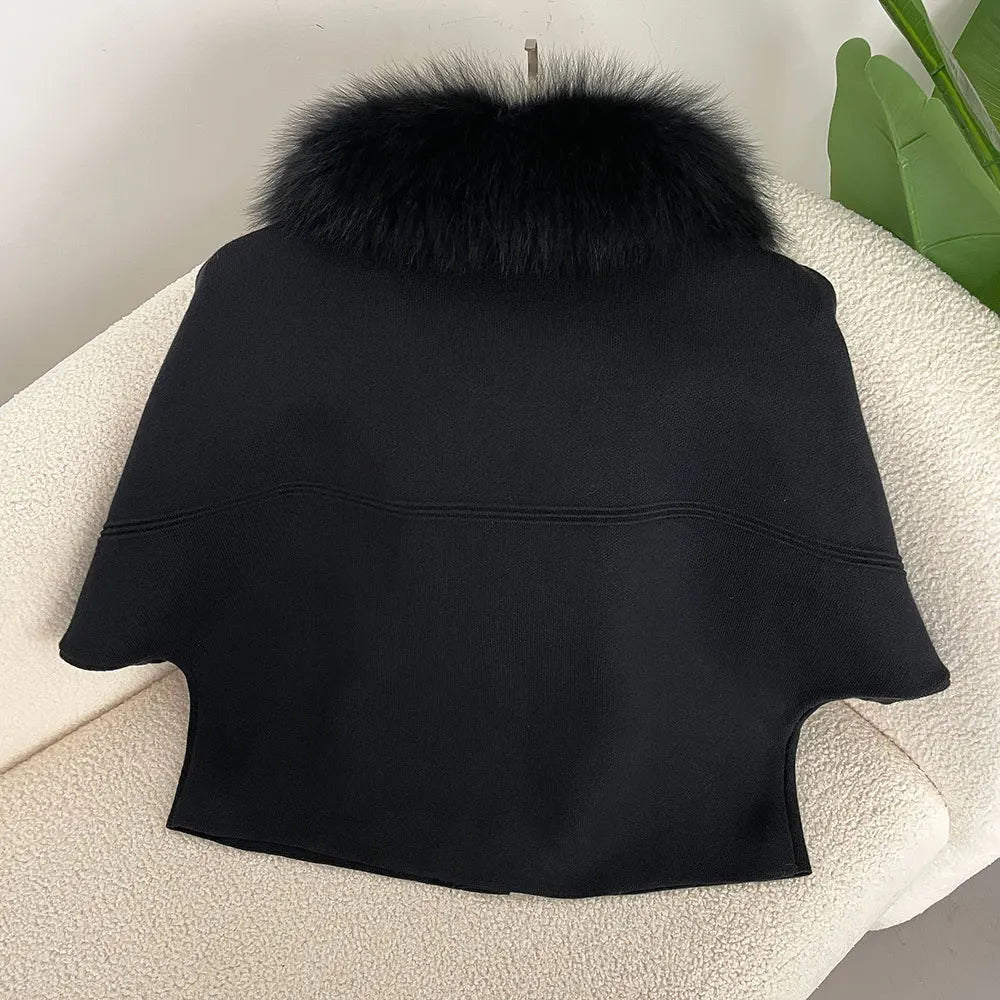 FURYOURSELF 2025 New Real Fox Raccoon Fur Collar Coat Knitted Sweater Women Short Sleeve Jacket Thick Warm Outerwear streetwear