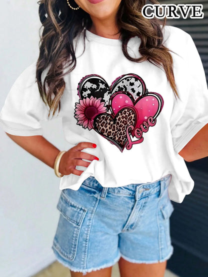 Plus - Size White Round Neck T - Shirt with Heart - Flower - themed Print: Sweet - patterned and Fashion - casual WHITE