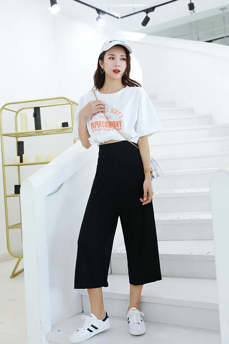 Spring Summer Modal Wide leg pants calf length Loose Casual yoga pant Plus size High Waist three quarter Trousers All match