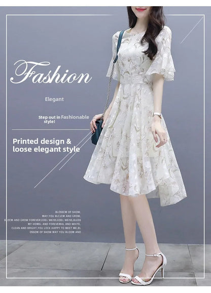 Ele Summer Women's Midi Dr ang Hai Sle Sweet Princ round Ne ort Sve A-Line Skirt Printed Chiffon Dr