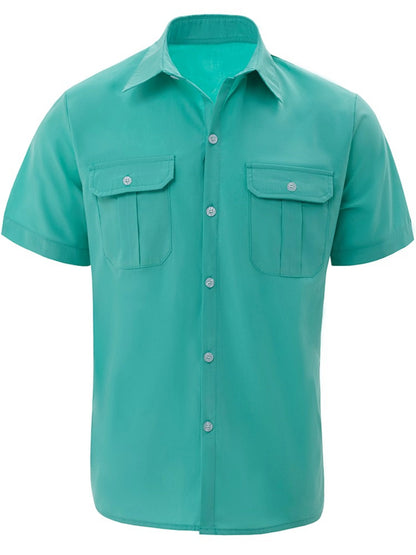 Men's Summer Lapel Solid Short Sleeve Shirt with Two Pockets Casual Button Comfort Cardigan M13-green