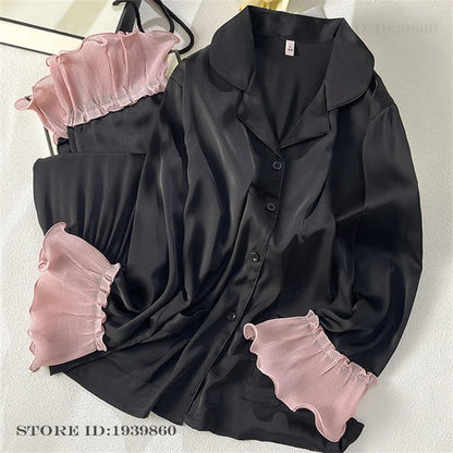 Women Long Sleeve Pajamas 2PCS Set Spring Summer New Sleepwear Loungewear Fashion Stripes Pyjama Pour Femme Loose Satin Homewear Black Pajamas 2