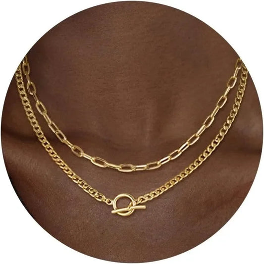 Gold Layered Necklace for Women K Gold Plated Necklace Women Cuban Link Paperclip Chain Toggle Clasp Necklace Jewelry for Women Gold 45cm