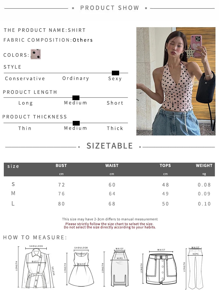 weird Puss Polka Dot Print Vest Women Y2K Lace-Up Backless Halter v-Neck Skinny Summer Trend Daily Street Basic Chic Tank Tops