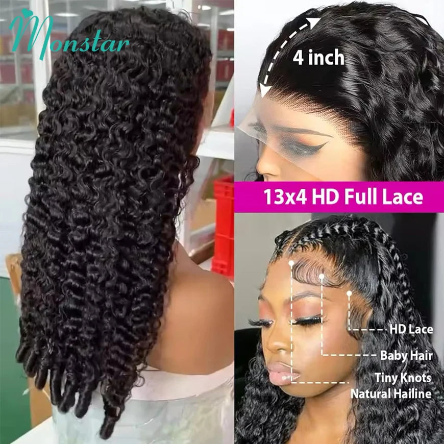 300% Density Burmese Curly Human Hair Wigs 13x4 13x6 HD Full Lace Frontal Wig 100% Human Hair Wigs with Spiral End Natural Black Badiee Stylez
