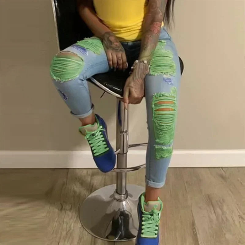 2025 New Ripped Jeans For Women Yellow Scratch Denim Pencil Pants High Waisted Stretch Skinny Hollow Out Sexy Female Mujer