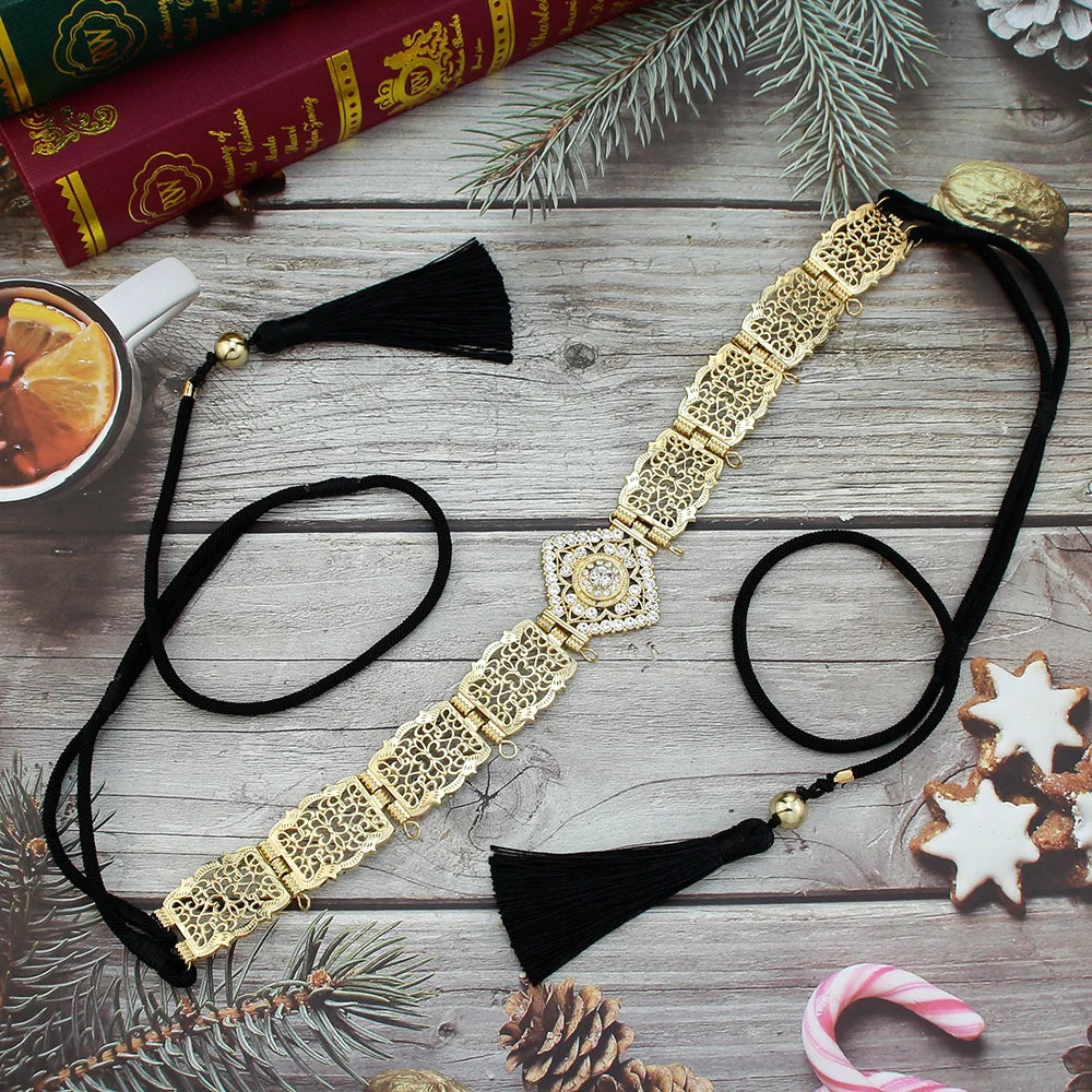 Sunspicems Thin Women Hand Rope Belt Gold Color Crystal Morocco Waist Chain Belt Caftan Abaya Body Chain Arabic Bride Jewelry