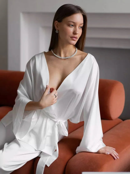 Mozuleva Solid Color Long Sleeved Pants Pajama 2-Piece Set Women's Autumn Winter Lace Up Nightgown Comfortable Home Clothing