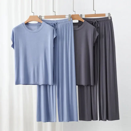 Modal Homewear set O-neck Tshirts short sleeves and Wide leg pants Loose sleepwear Casual streetwear suit all match