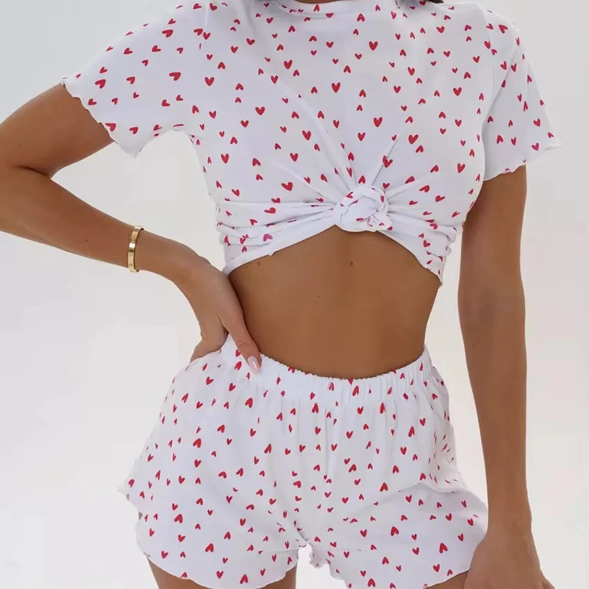 Womens Cute Heart Print Pajama Set Two Piece Short Sleeve Crop Top Ruffle Shorts Sleepwear Loungewear Casual Summer Nightwear ﻿