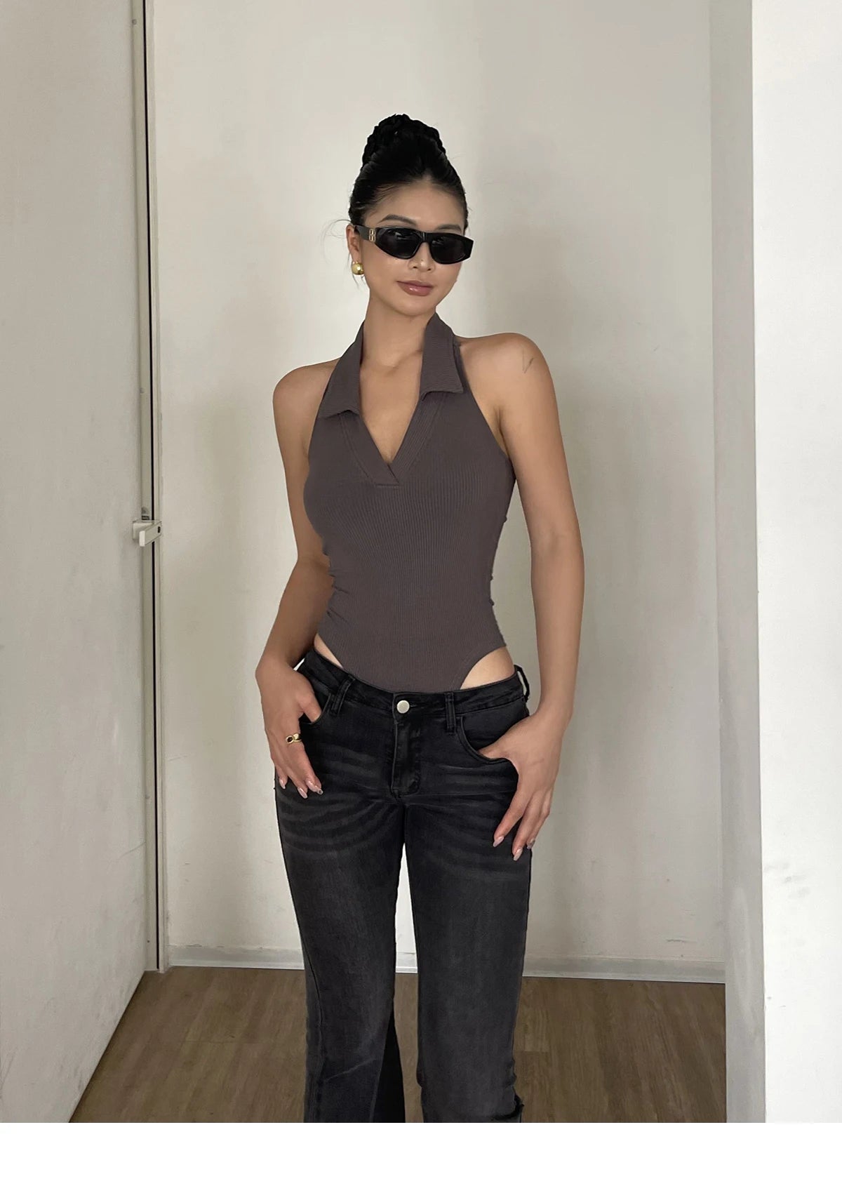 American Style Spicy Girl Sleeveless Polo Neck Solid Bodysuits Women's 2024 Summer New Sexy Backless High Waisted Slim Top Q29N