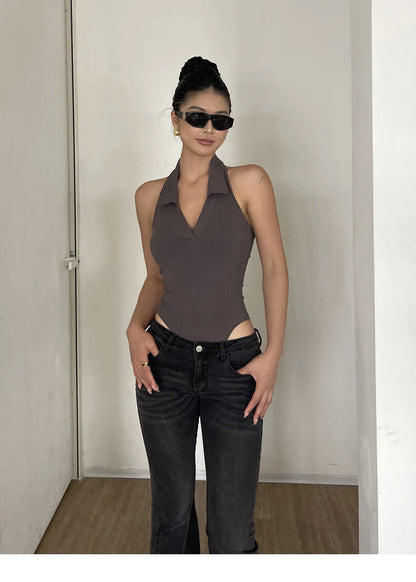 American Style Spicy Girl Sleeveless Polo Neck Solid Bodysuits Women's 2024 Summer New Sexy Backless High Waisted Slim Top Q29N