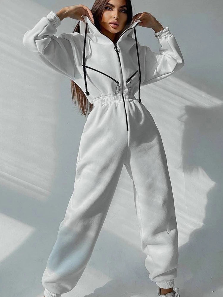 Autumn Women's Monochrome Long-Sleeved Jumpsuit Solid Color Zip-up Sportswear Female Winter Casual Tracksuit Fashionable Hoodies Badiee Stylez