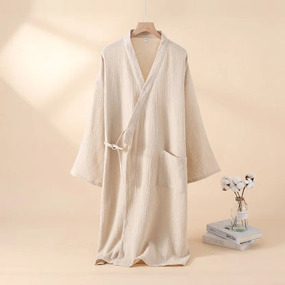 2025 Japanese New Spring/Summer Couple Kimono Robe 100% Cotton Crepe Cloth Men's and Women's Bathrobe Thin Home Sleeping Robe 02 (Women)