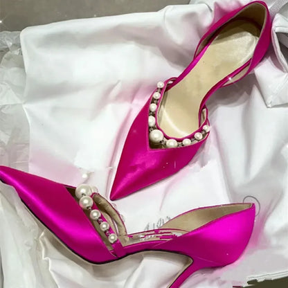 Spring/Summer New Pointed High Heels Hollow Fashion Banquet Pearl Hollow V-Mouth Women's Thin Heels Shallow Mouth Sandals Silk Red 9 cm