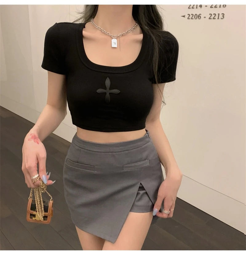 2025 Summer tshirt Women Black Cross Print Short T-Shirt Sexy U Neck Crop Top Short Sleeve Tops Tee Female Shirts