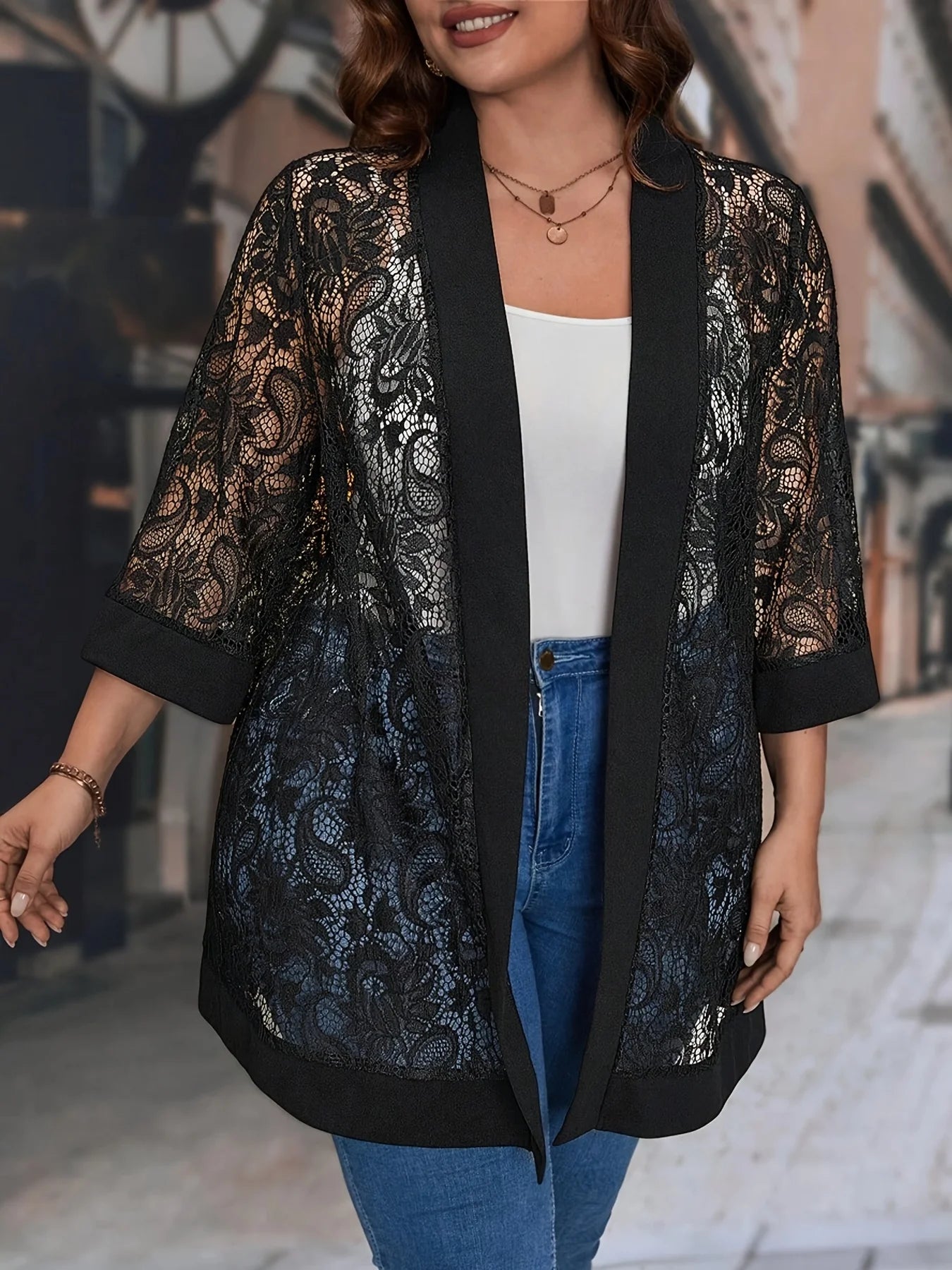 Plus Size Lace Jacket for Women Black Floral Pattern Casual Style Medium Stretch Fabric All Seasons Floral Pattern Cardigan