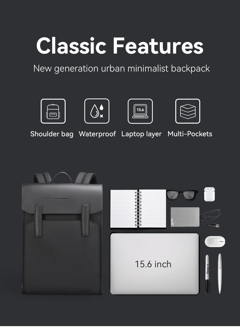 Mark Ryden Classic Business Work Black Leather Backpack 15.6 Inch Laptop Waterproof Bag School Bags Business bacbackpack for men