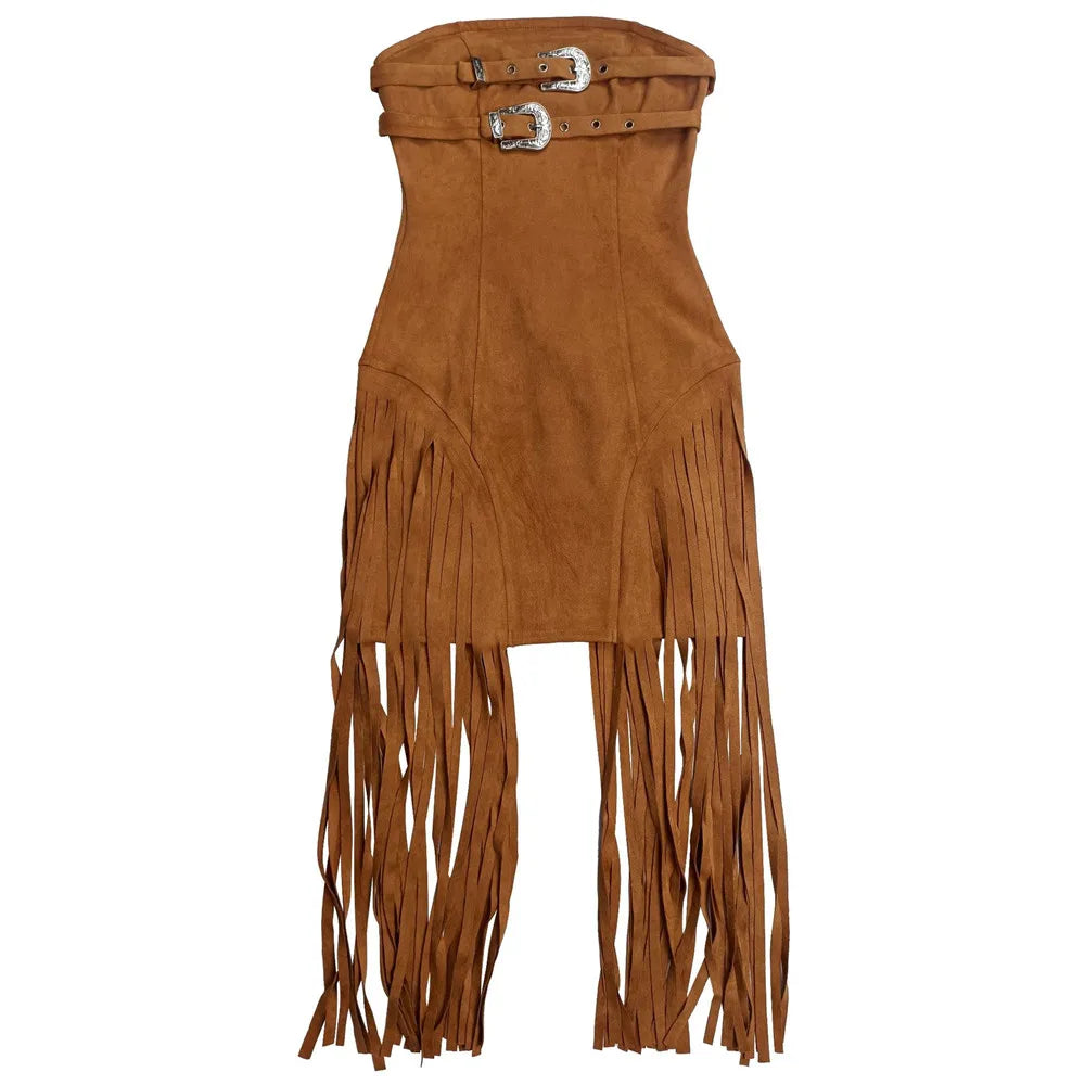 RLMABABY Sexy Strapless Tassel Bodycon Mini Dress Women Gown Slim Backless Sleeveless Metal Buckle Club Party Sheath Short Dress