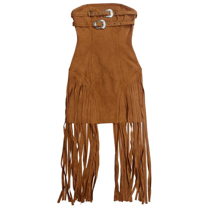 RLMABABY Sexy Strapless Tassel Bodycon Mini Dress Women Gown Slim Backless Sleeveless Metal Buckle Club Party Sheath Short Dress