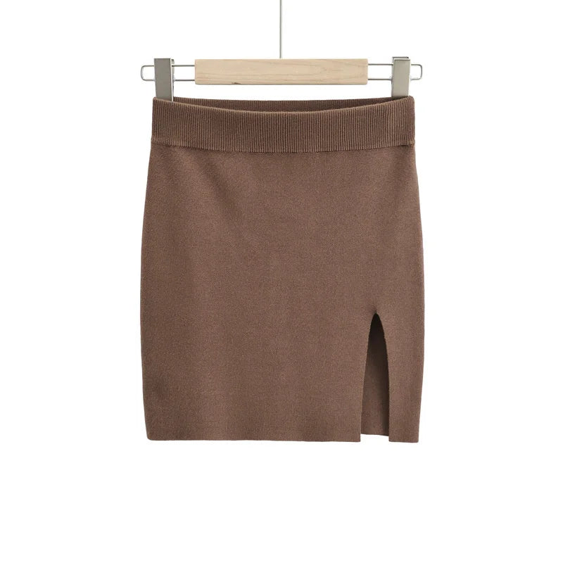 Knitting Women Skirts Side Split Brown Solid High Waist Autumn Fashion Skinny Harajuku E-Girl Female Short Skirt QT047