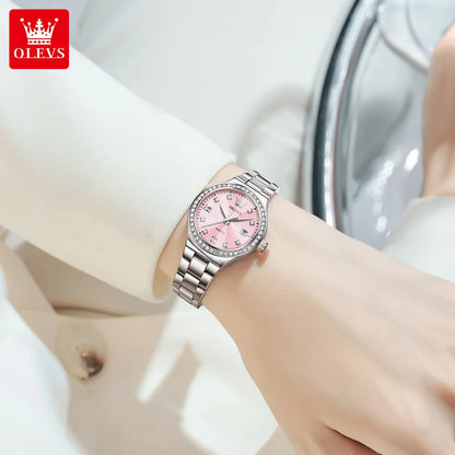OLEVS 5628 Women Watch Luxury Elegant Quartz Watch Stainless Steel Waterproof Luminous Diamond Bezel Ladies Watch Bracelet Set