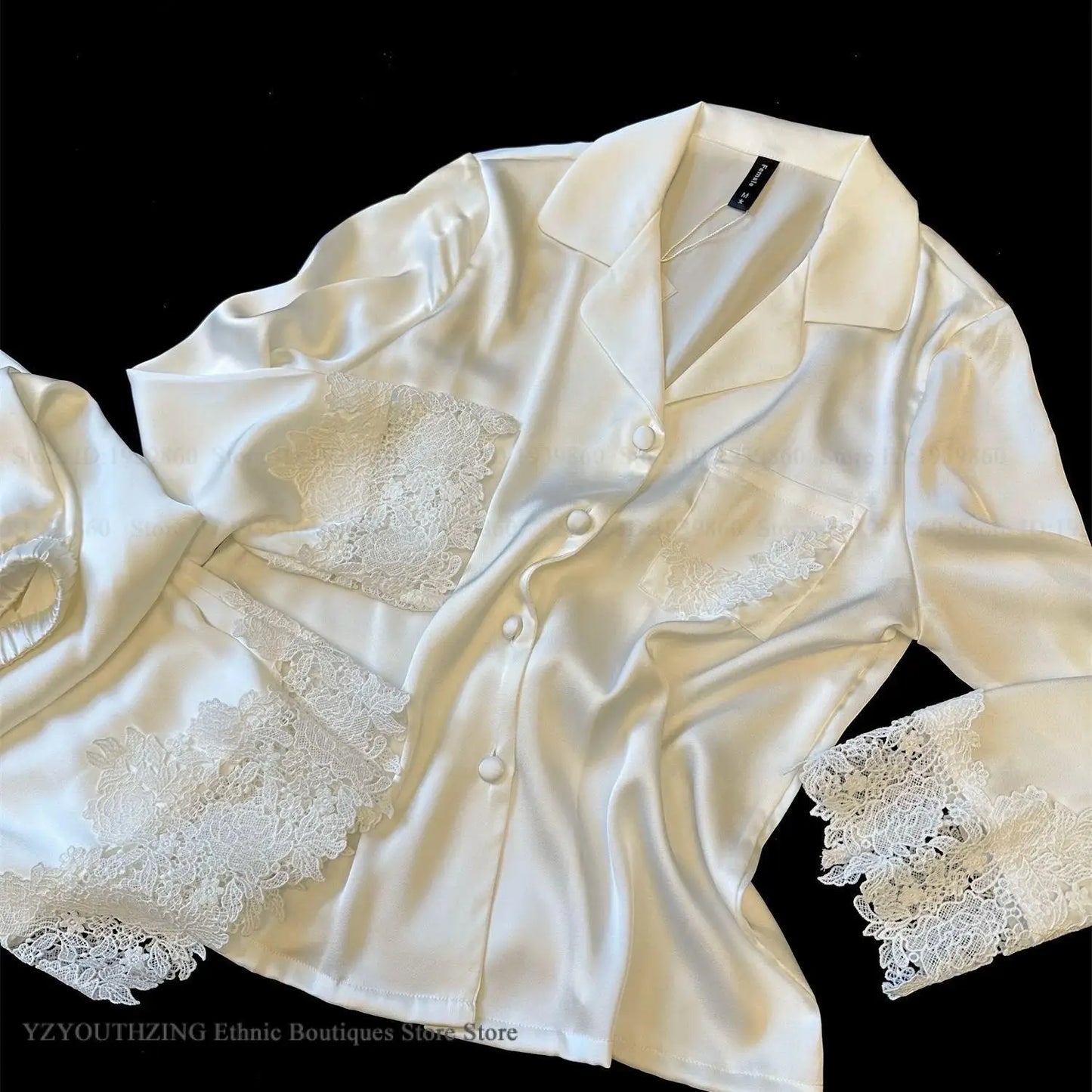 Female Pajamas Set White Satin Lace Trim Bride Wedding Sleepwear Gift Homewear Sexy Loose Long Sleeve Trouser Suit Loungewear