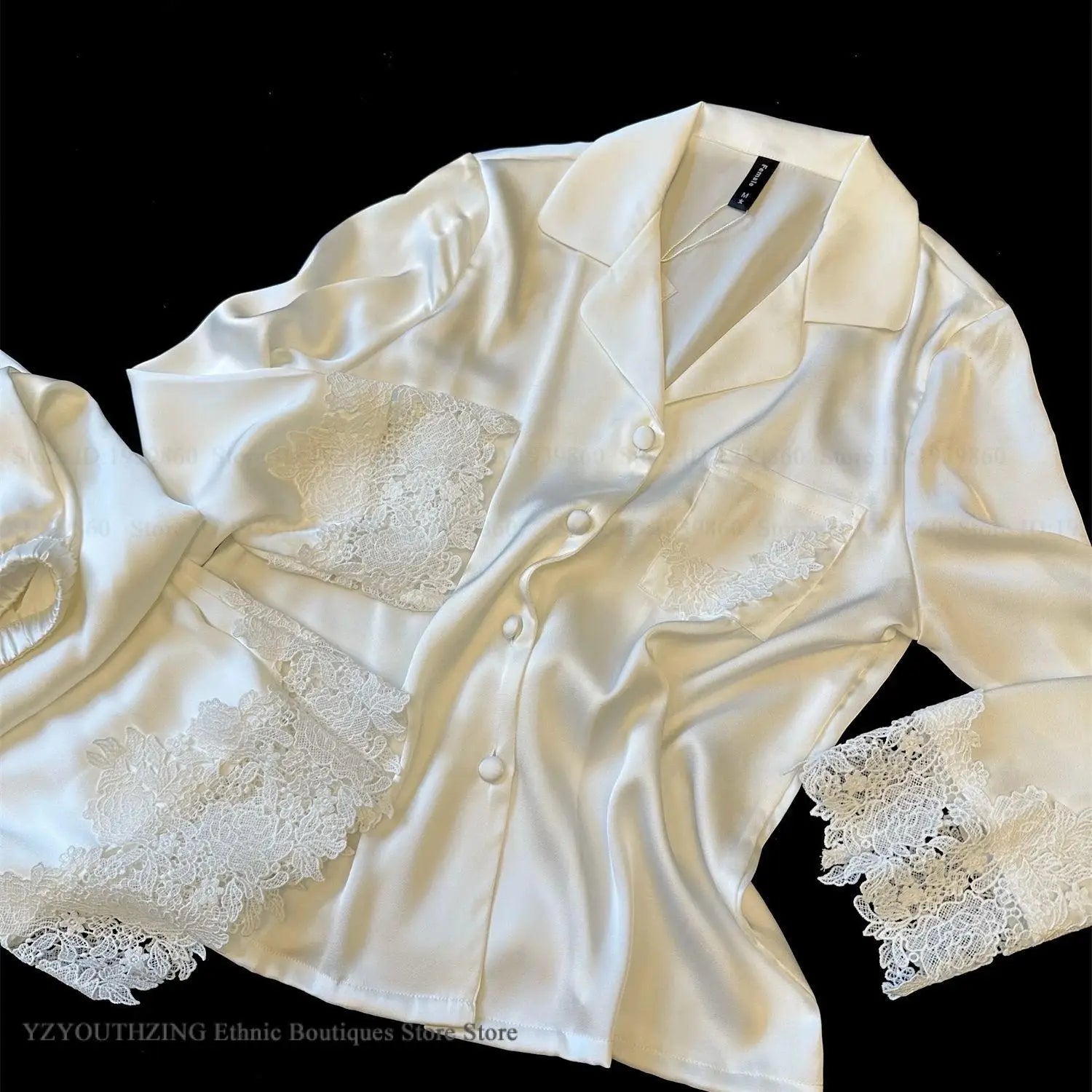 Female Pajamas Set White Satin Lace Trim Bride Wedding Sleepwear Gift Homewear Sexy Loose Long Sleeve Trouser Suit Loungewear