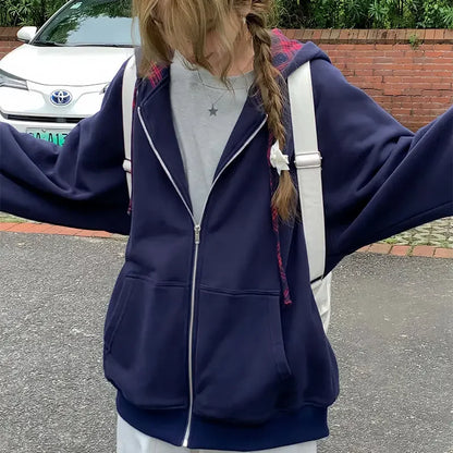 Brown Zip Up Hoodie Women 2023 Autumn Lattice stitching Long Sleeve Casual Oversized Sweatshirt Solid Jacket Women Clothing Navy blue