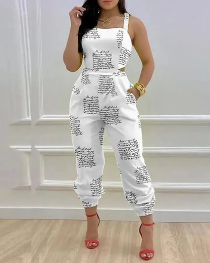 Women Printed Letter Jumpsuits Sleeveless V Neck Suspenders Backless High Waist Trousers Overall Rompers Pockets One Piece white letter