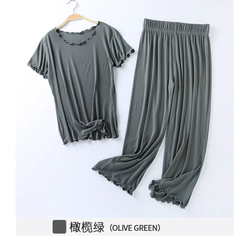 Japanese summer new ladies cotton modal short-sleeved nine-point pants suit home service suit women's large size home pajamas Olive green