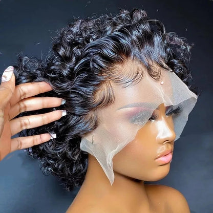 99J Burgundy Highlight Honey Colored Short Curly Pixie Cut Lace Wig Pre plucked Bob Wig 13x2 Lace Front Curly Human Hair Wigs Natural 6inches Lace Hairline
