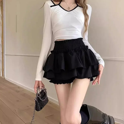 Mini Skirt Cute Sexy Balletcore Elastic High Waist Ball Gown Ruffle Patchwork Lolita Skirt Short Korean Sweet Y2K Women Clothing Black