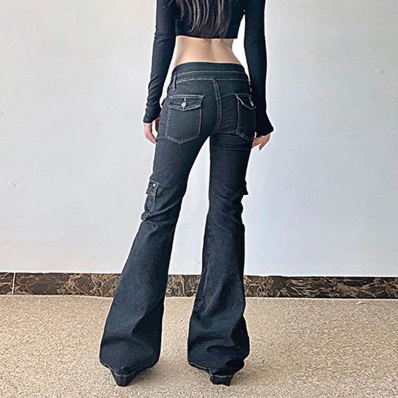 Weekeep Punk Style Star-shaped Rivet Jeans Low Rise Multi-pockets Patchwork Denim Cargo Pants Korean Fashion Hippie Flared Jeans