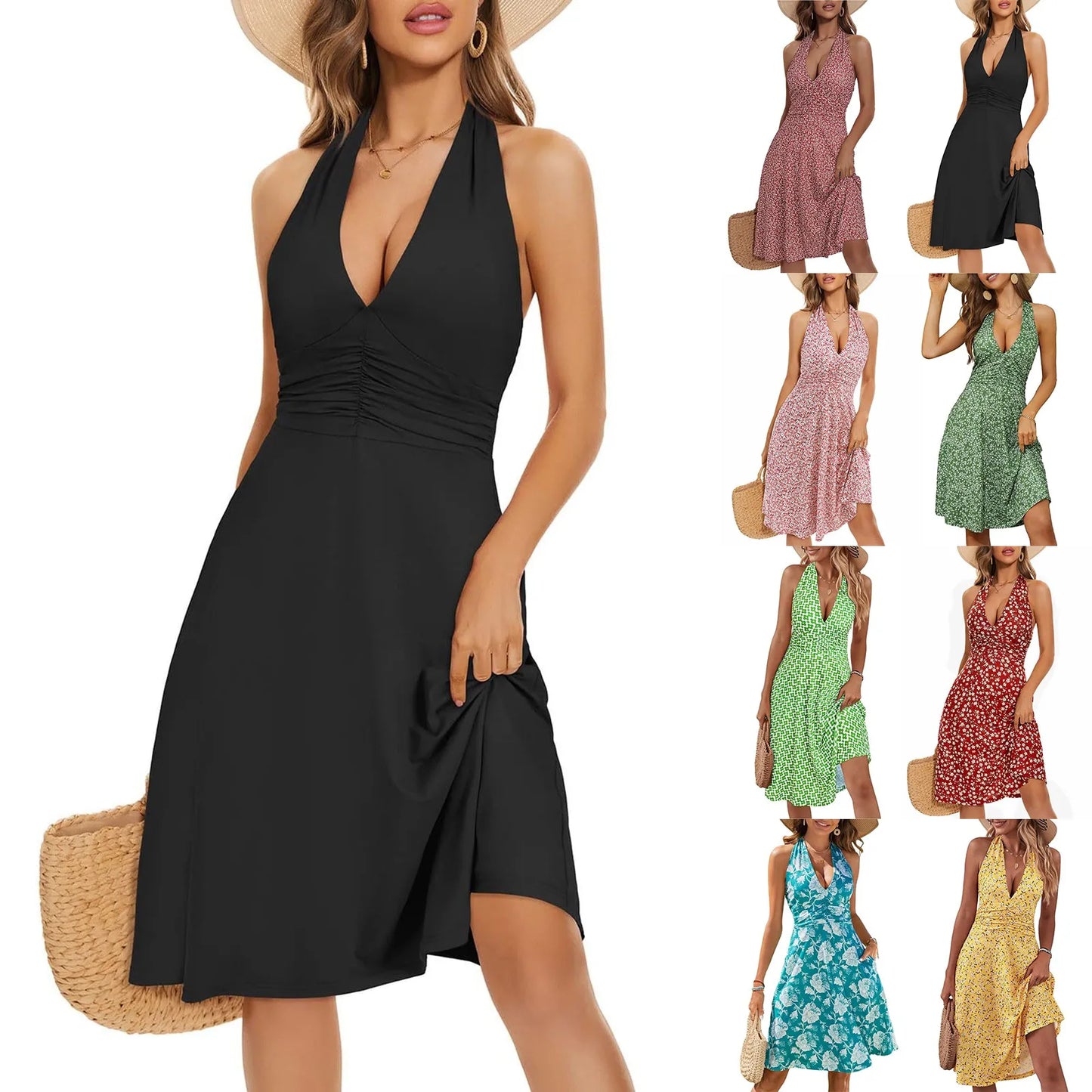 Ladies' Sexy Elegant Bohemian Floral Printed Summer Sleeveless Deep V-neck High Waist Beach Vacation A-line Daily Ruffle Dresses