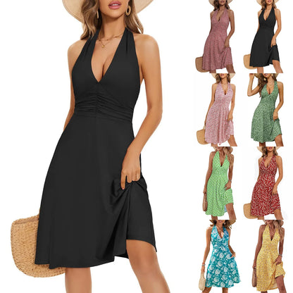 Ladies' Sexy Elegant Bohemian Floral Printed Summer Sleeveless Deep V-neck High Waist Beach Vacation A-line Daily Ruffle Dresses