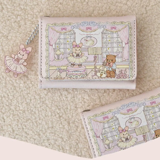 Vintage Bear and Rabbit Short Wallet Multi Slot Portable Money Bag PU Coin Purse Girl