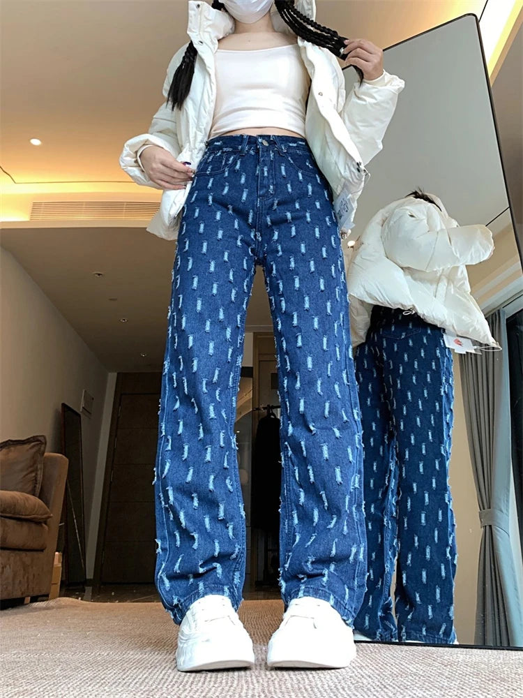 Women's Many Small Hole Straight Narrow Cropped Jeans Cool Girl Streetwear High Waisted Trouser Female Casual Narrow Denim Pants Blue