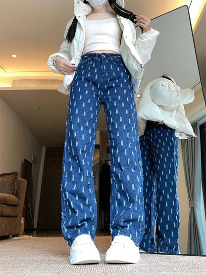 Women's Many Small Hole Straight Narrow Cropped Jeans Cool Girl Streetwear High Waisted Trouser Female Casual Narrow Denim Pants Blue