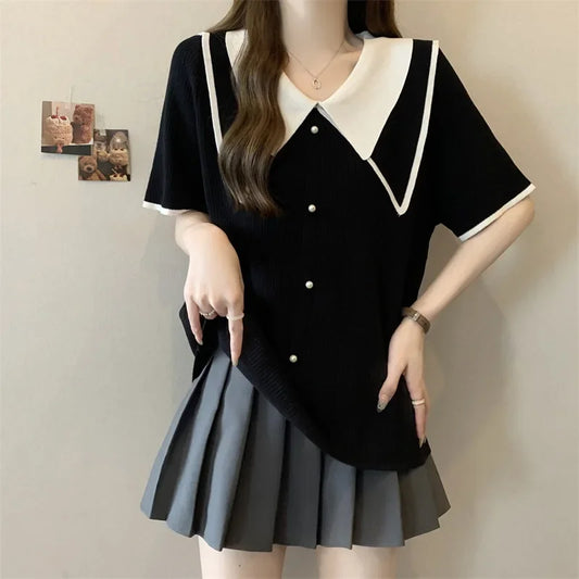 Plus Size Summer Knitted Short Sleeve T-Shirt Double Collar Polo Neck Loose Fit Meat Concealing Top for plus Size Women