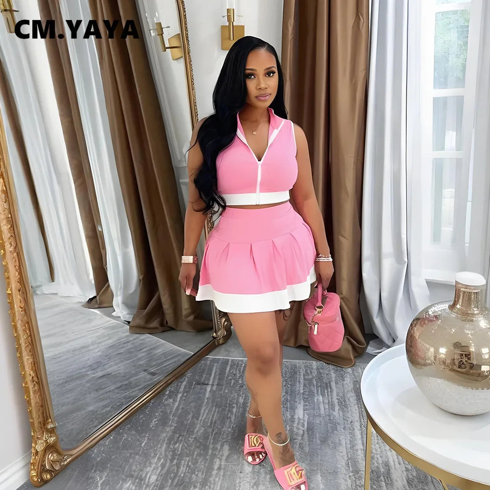 CM.YAYA Women's Set Sleeveless V-neck Vest + Pleated Skirts 2025 Summer Cute Street Beach Two 2 Piece Sets Outfits Tracksuit
