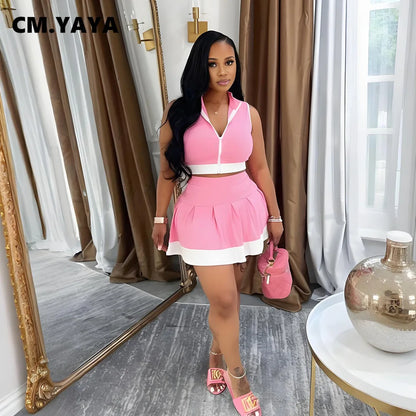CM.YAYA Women's Set Sleeveless V-neck Vest + Pleated Skirts 2025 Summer Cute Street Beach Two 2 Piece Sets Outfits Tracksuit