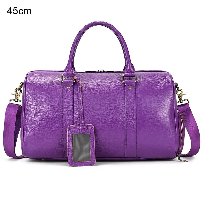 Luxury Genuine Leather Men Women Travel Bag Cow Leather Carry On Luggage Bag Travel Shoulder Bag Male Female Weekend Duffle Bag Purple(45cm)