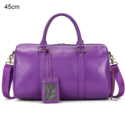 Luxury Genuine Leather Men Women Travel Bag Cow Leather Carry On Luggage Bag Travel Shoulder Bag Male Female Weekend Duffle Bag Purple(45cm)