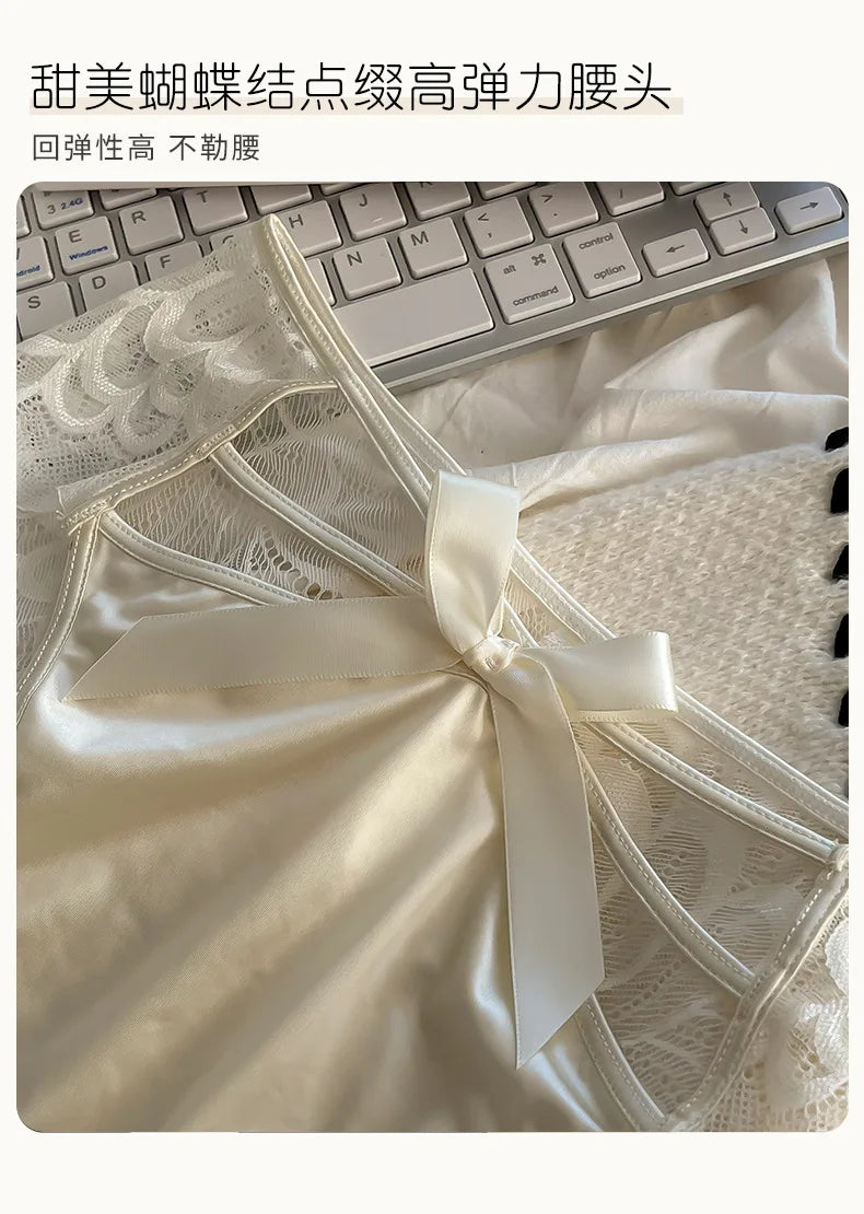 5Pcs Silk underwear, Women's intimate sexy lovely soft ﻿comfortable bowknot silk light thin triangular pants lace splicing