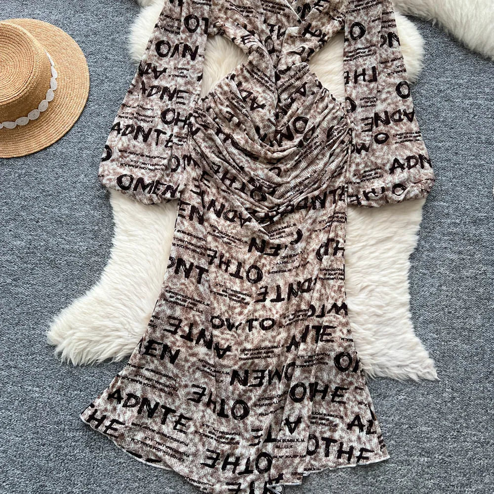 Chic vintage long sleeve Criss-Cross print pleated Elegant Fairy korean fashion dress women clothing Long dress