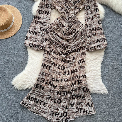 Chic vintage long sleeve Criss-Cross print pleated Elegant Fairy korean fashion dress women clothing Long dress